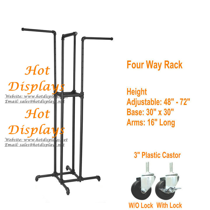 Floor Standing 4-Way Height Adjustable Industrial Waterpipe Garment Rack Powder Coated Clothes Display Rack PR205