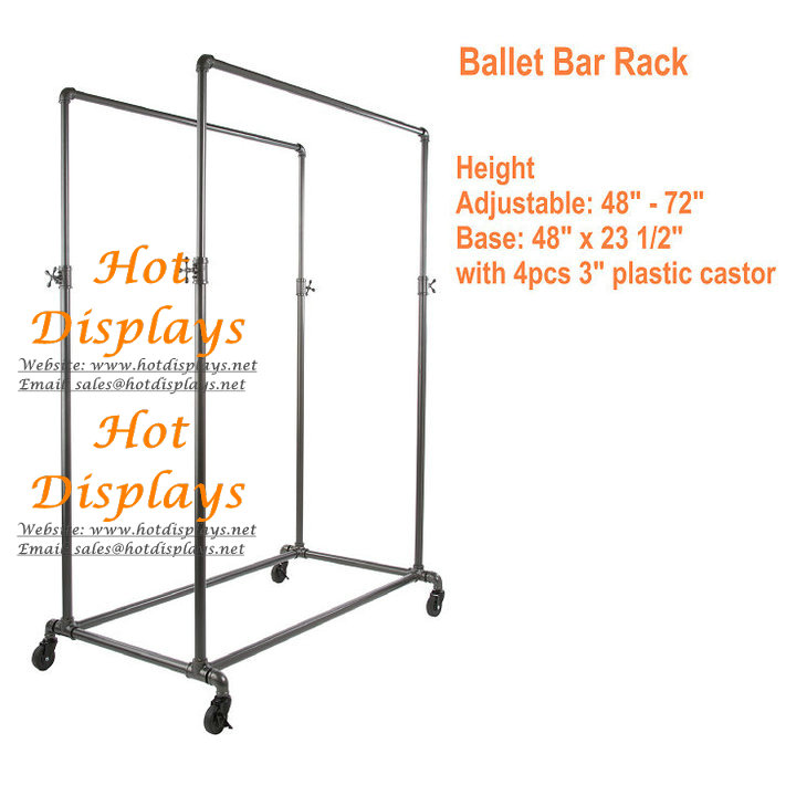 2-Bar Height Adjustable Floor Standing Industrial Waterpipe Power Coated Garment Rack Clothes Display Rack with Casters PR211
