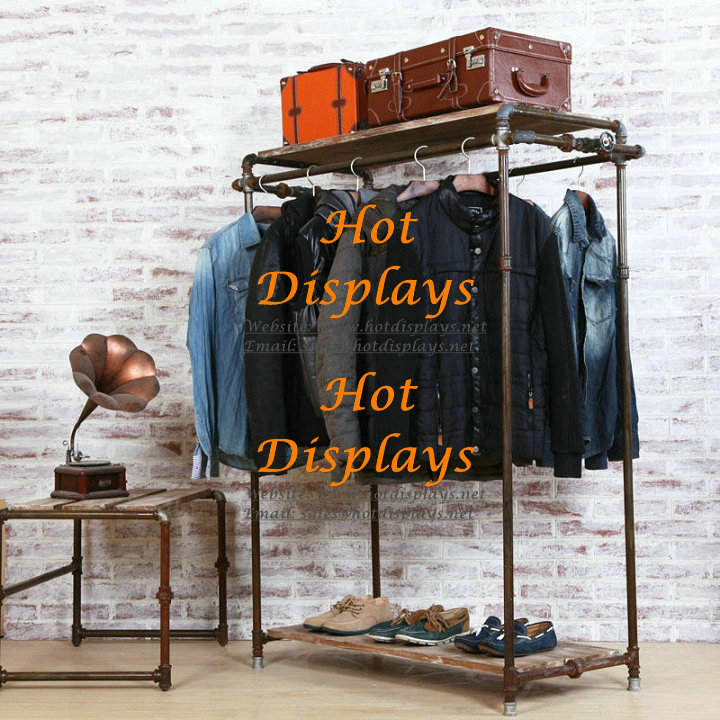Shabby Chic Heavy Garment Rack Floor Standing Industrial Waterpipe Coat Hanger Clothes Display Rack with Timber Storage Shelves PR215