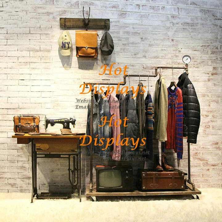 Shabby Chic Floor Standing Industrial Waterpipe Clothes Display Rack Garment Rack Coat Hanger with Timber Storage Shelf and Gauge PR222