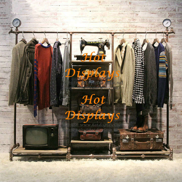 Shabby Chic Heavy Floor Standing Industrial Waterpipe Clothes Display Rack Garment Rack Coat Hanger with Timber Storage Shelves and Gauges Taps PR223
