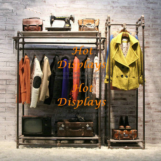 Floor Standing Garment Rack Industrial Waterpipe Shabby Chic Heavy Clothes Display Rack Coat Hanger with Wooden Storage Shelves PR224