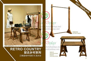 Retro Timber Nesting Tables and Floor Standing Single Bar Clothes Display Rack W07
