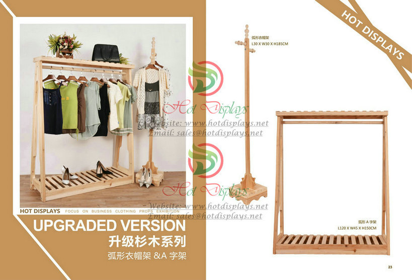 Natural Timber Floor Standing Clothes Display Rack with Shoes Shelf and 2-Way Hanger W23