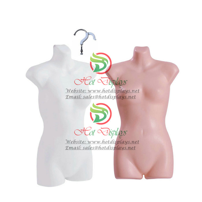 Cheap Plastic Female Mannequin Stock PP White Skin Hanging Half Vacuum Form with Chrome Hook MAF-H2-PL105