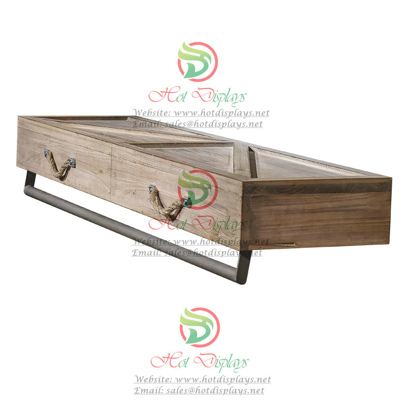 Single Bar Rustic Industrial Waterpipe Clothes Rack with Timber Shoes Display Shelf DP-XG11