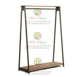 Rustic Square Tubing Floor Standing Clothes Display Rack with Timber Top & Base DP-TM07