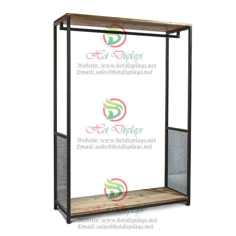 Floor Standing H Clothes Rack with 2-Timber Shoes Display Shelf and Side Iron Net DP-TW04