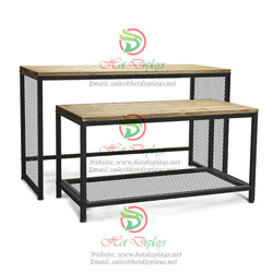 Iron Nesting Tables with Timber Top Shoes Display Shelf & Storage Base Wire Net  DP-TW06