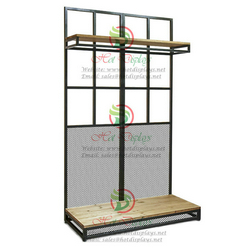 Floor Clothes Rack with Timber Top & Base Display Shelf & Back Panel Wire Net  DP-TW08