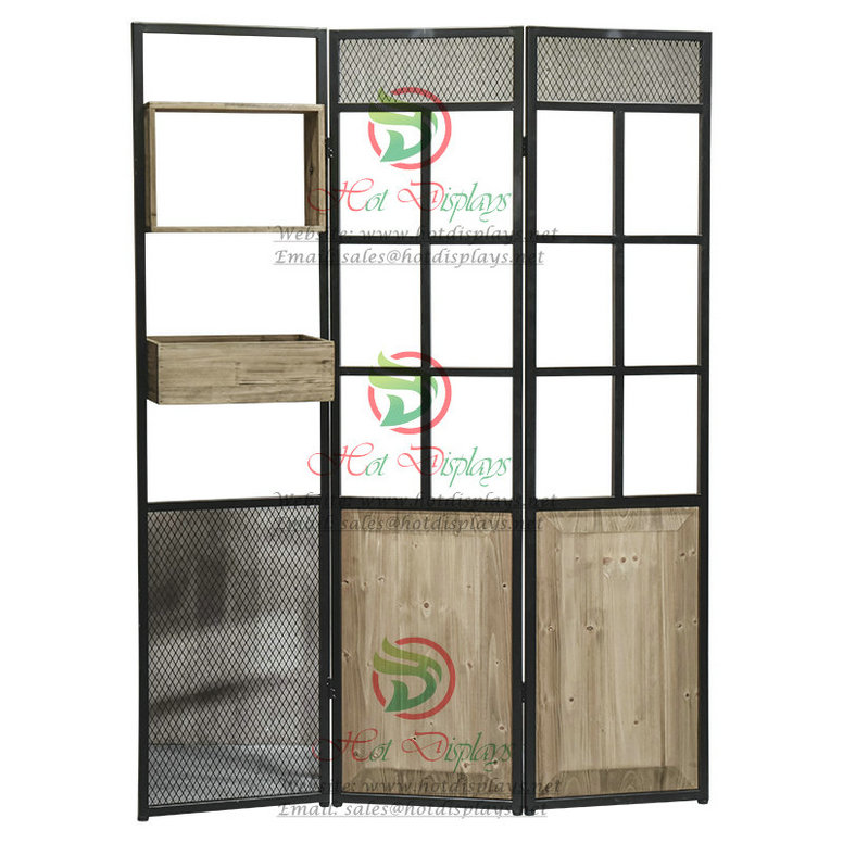Floor Standing Clothes Display Rack Folding Screen with Timber Book Shelf & Drawer DP-TW15