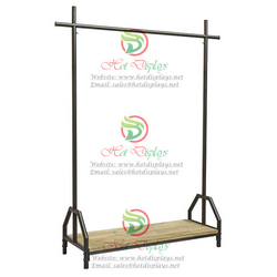 Floor Standing Single Bar Retro Clothes Rack with Timber Shoes Display Shelf DP-CX03