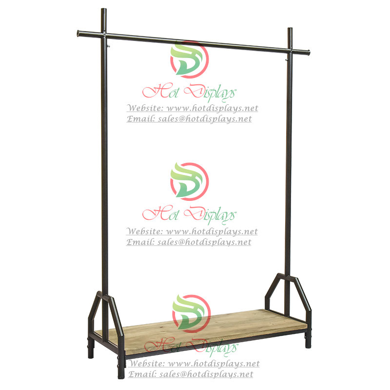 Floor Standing Single Bar Retro Clothes Rack with Timber Shoes Display Shelf DP-CX03